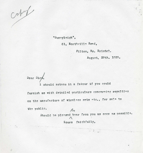 1929 Letter to Marconiphone