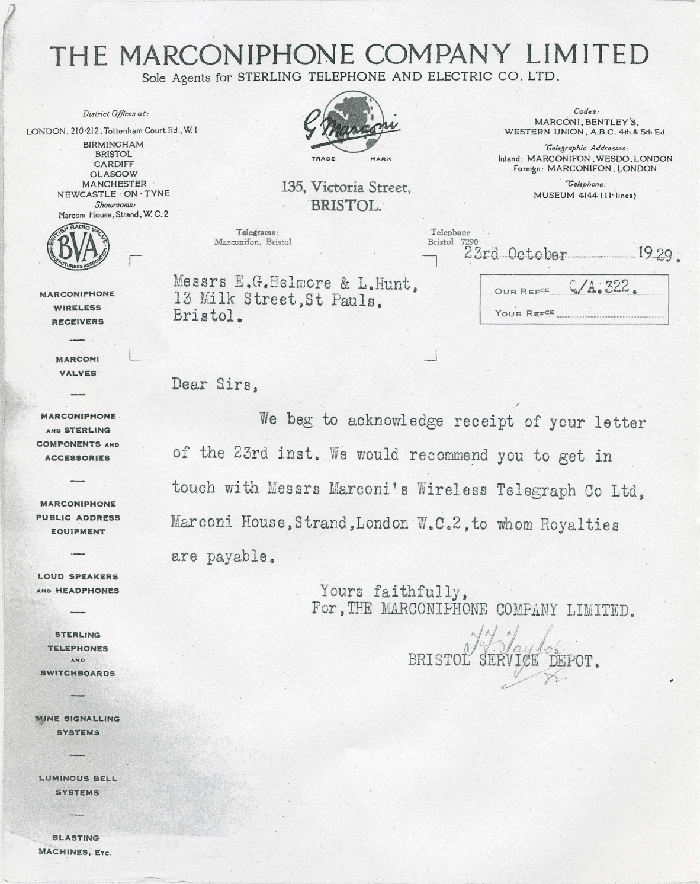 1929 Marconiphone Letter Reply